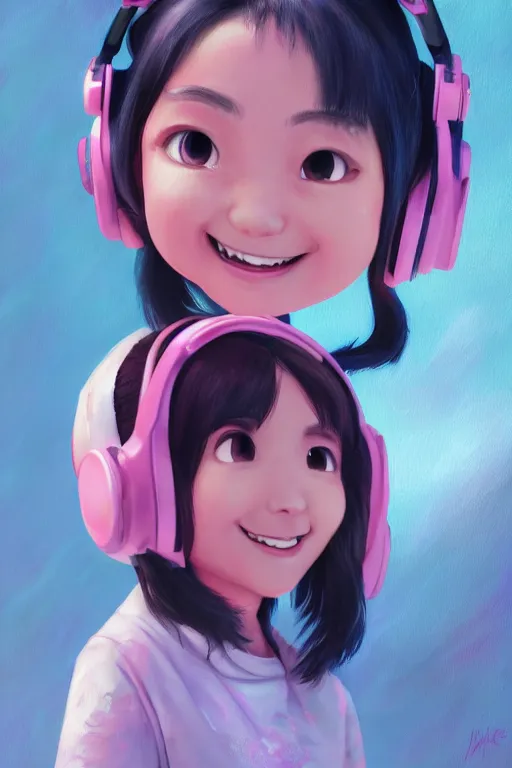 Prompt: a painting of cute Asian girl smiling, scifi headset, in the style of Pixar animation, low angle view, 16mm lens, award winning, hyper detailed, dramatic lighting, artstation, octane renderer, unreal engine