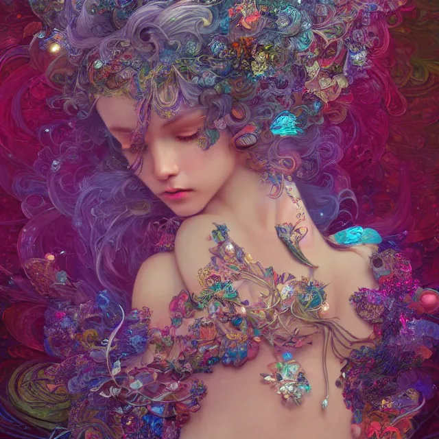 Prompt: a stunning rendition of delicate female figure made of fractal gems, fractal crystals, very intricate, hyper realistic, octane render, very colorful, vibrant, cinematic, amazing details, by james jean, by brian froud, by ross tran, by alphonse mucha