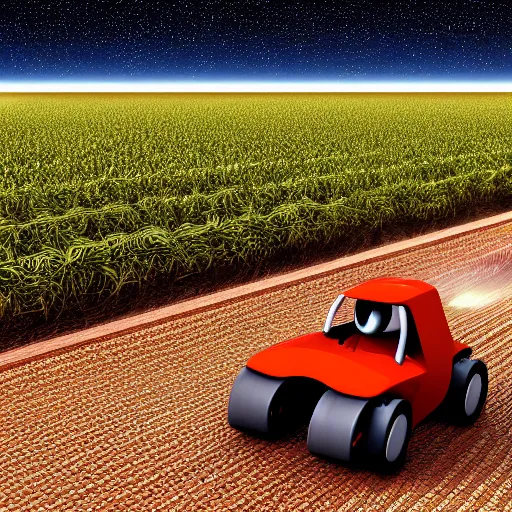 Prompt: Illustration of a small robot driving between rows of growing carrots, powerpoint, 3D-Illustration