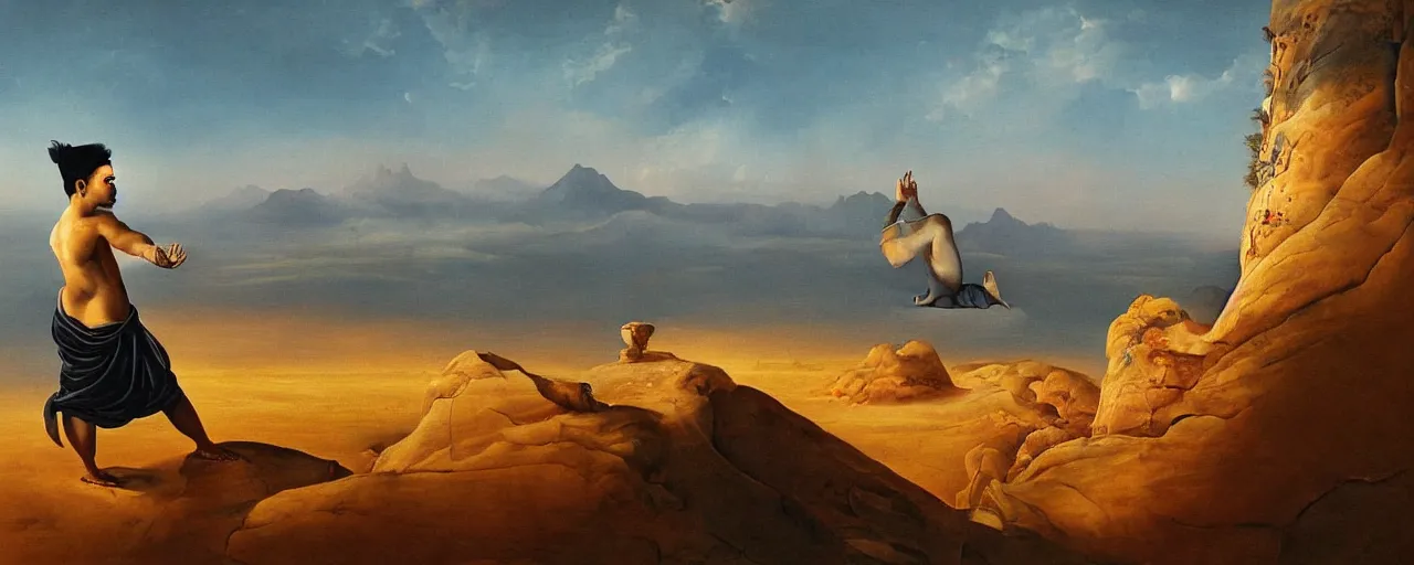 Prompt: a surreal painting of a man reaching a cliff gazing off into the horizon where he sees buddahs eyes in the desert