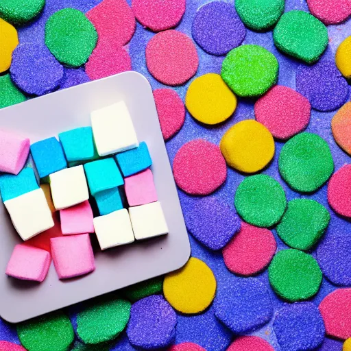 Image similar to photograph of a marshmallow cube with sprinkles on a dark wooden chopping board, pastel colours, hessian cloth, styled food photography, photorealistic, 4 k