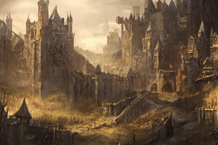 Image similar to A beautiful medieval settlement, iron ,iron, iron, fantasy, D&D, concept art, sharp focus, trending on artstation, digital painting, midday, sunny, beautiful