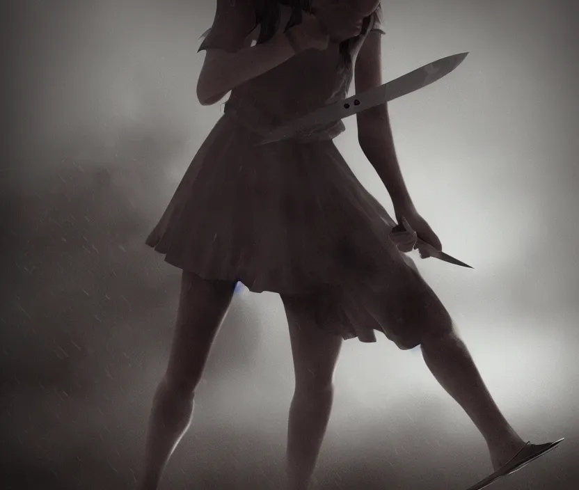 Image similar to school girl holding a knife, gloomy and foggy atmosphere, octane render, artstation trending, horror scene, highly detailded