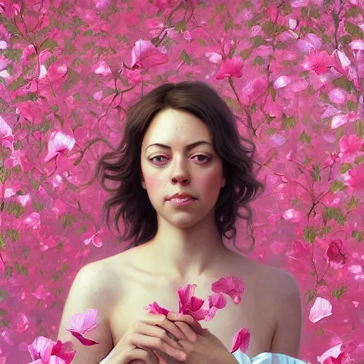 Image similar to pink petals with a ahape of a wonderful aubrey plaza, intricate, elegant, highly detailed, wonderful eyes, sweet, digital painting, artstation, concept art, smooth, sharp focus, illustration, art by artgerm and greg rutkowski and alphonse mucha and william - adolphe bouguereau