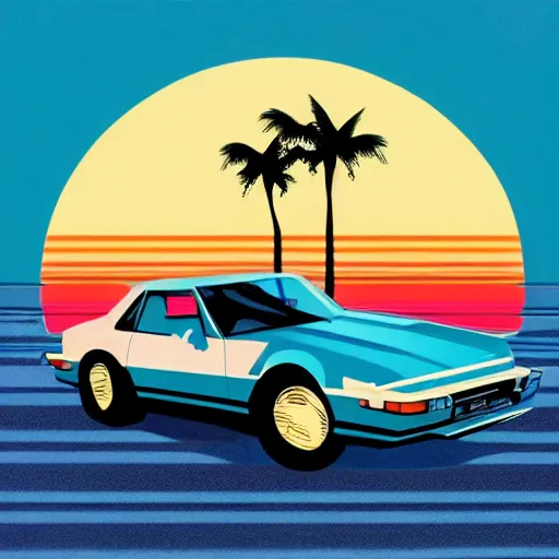 Image similar to retro box covert art of a synthwave car sitting in front of a sunset in miami, 8 0's box art, retro