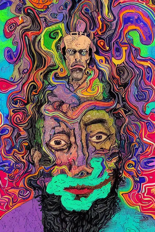 Image similar to a man with a psychedelic face with many deformed and chaotic monsters on his face