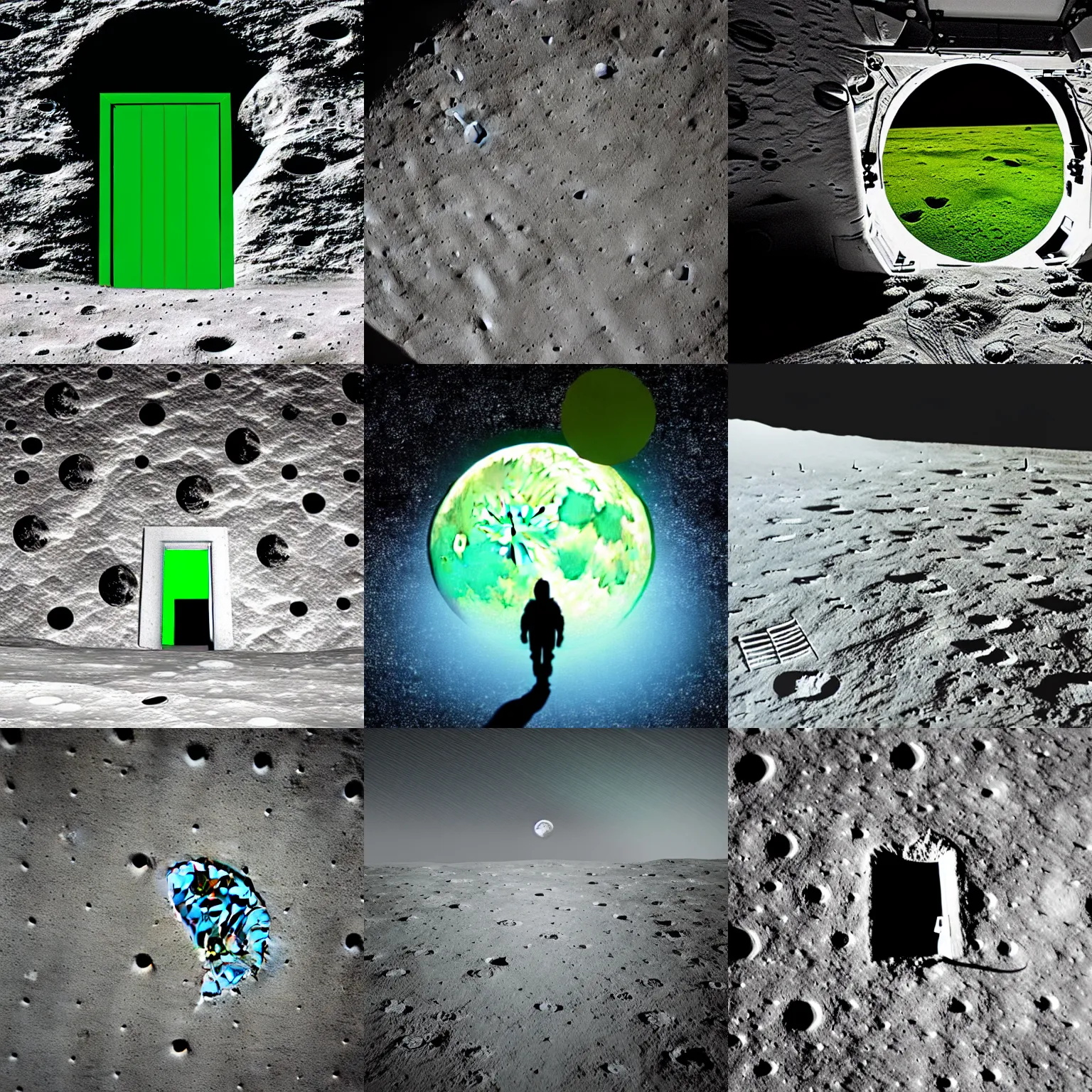 Image similar to a door on the moon that leads to a green field