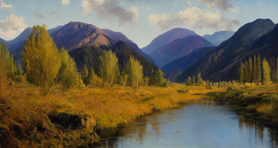 Image similar to Realist impasto painting of the Salmon River mountains by John Harris, 4k scan, oil on canvas,