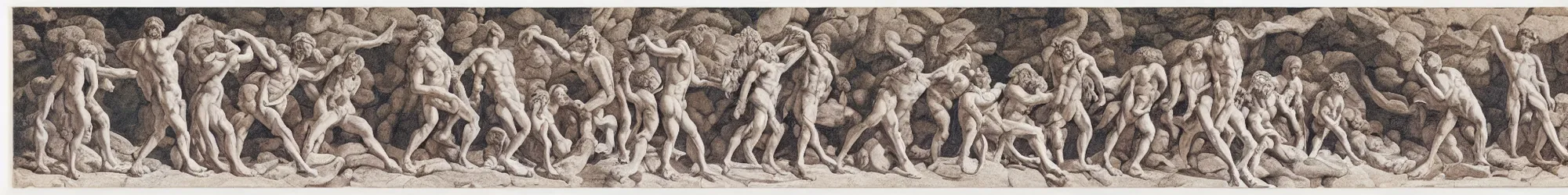 Image similar to long line-up of laocoon and his sons struggling with color coded network cabling, intertwined full body view, colorized postcard photography, white background