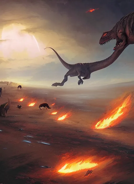 Prompt: dinosaurs fleeing from the incoming fiery asteroid by greg rutkowski