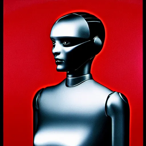 Prompt: portrait of female android, from a stanley kubrick movie