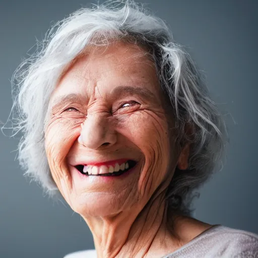 Image similar to an old woman smiling. she has a thin transparent oxygen tubing under her nose