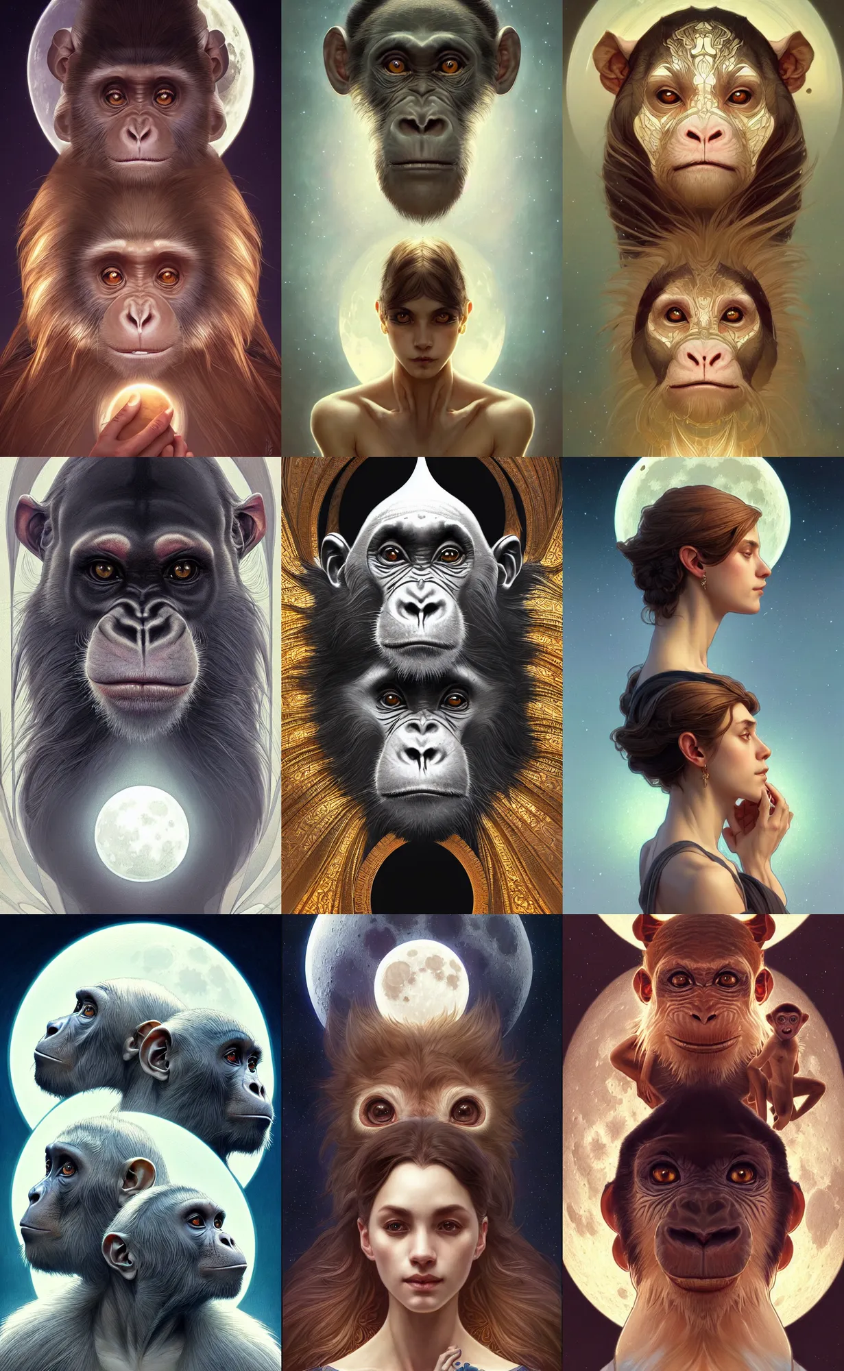 Prompt: symmetry!! ultra realistic portrait of primates! moon in background, intricate, elegant, highly detailed, digital painting, artstation, concept art, smooth, sharp focus, illustration, art by artgerm and ross tran and greg rutkowski and alphonse mucha, 8 k