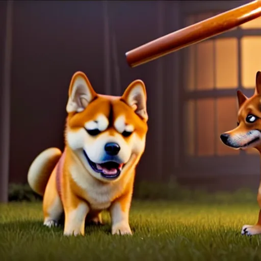 Prompt: weta disney pixar movie still photo of funny shiba inu with baseball bat : : dog by pixar : : giant sign that says bonk : : by weta, greg rutkowski, wlop, ilya kuvshinov, rossdraws, artgerm, octane render, iridescent, bright morning, anime, liosh, mucha : :