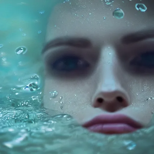 Prompt: pale face lying under the water, water lilys, cinematic, shallow depth of field, atmospheric, ultra high detail, somber colors, close up of face, trending on artstation