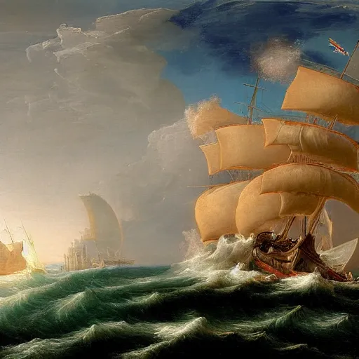 Prompt: an oil painting of an xviii century ship firing its cannons, highly detailed, 4 k, painted by thomas cole