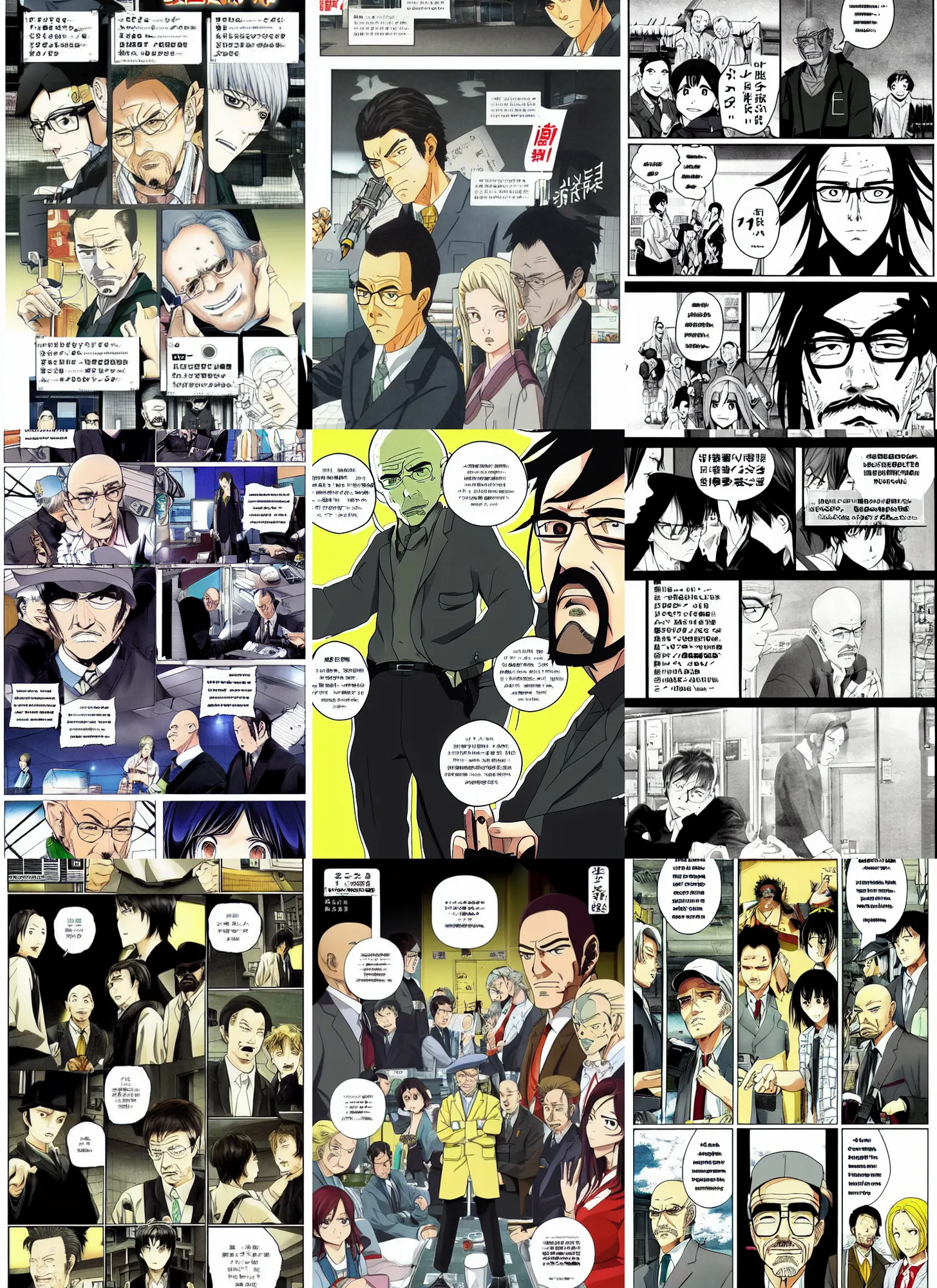 Prompt: full page of the manga adaptation of breaking bad season 5 episode 1 6, japanese text, full color