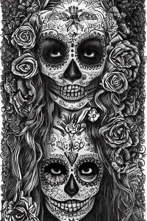 Prompt: Illustration of a sugar skull day of the dead girl, art by Ernst Fuchs