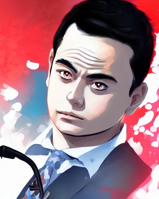 Image similar to Digital state-sponsored anime art of Ben Shapiro by A-1 studios, serious expression, empty warehouse background, highly detailed, spotlight