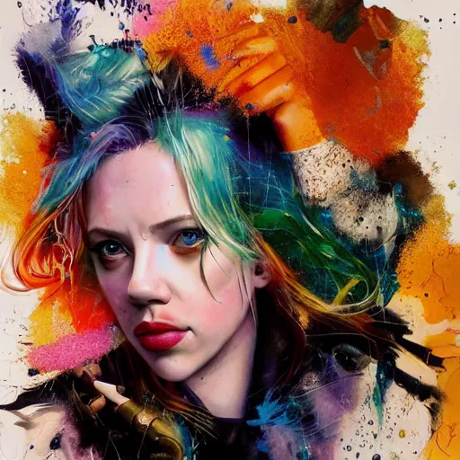 Image similar to drunken scarlett johansson as delirium from sandman, ( hallucinating colorful soap bubbles ), by jeremy mann, by sandra chevrier, by dave mckean and richard avedon and maciej kuciara, punk rock, tank girl, high detailed, 8 k