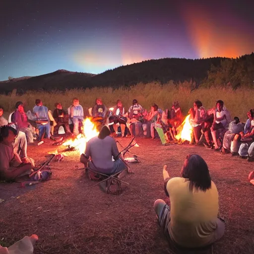 Image similar to native american indian pow wow at campfire under cosmic sky, epic award winning photographic still