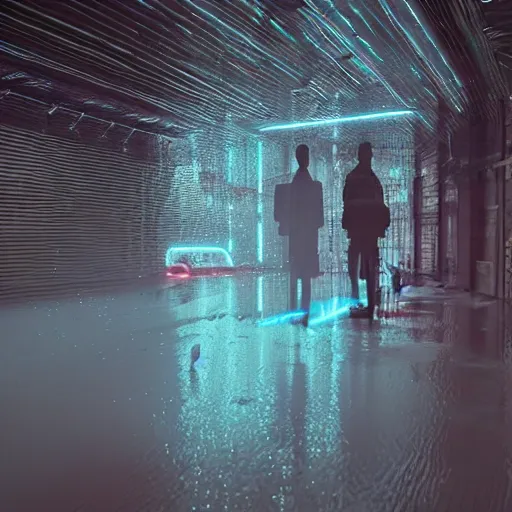 Image similar to a human made out of rain, glowing neon, rendered in octane, unreal engine, highly detailed, realistic, beautiful, emotional