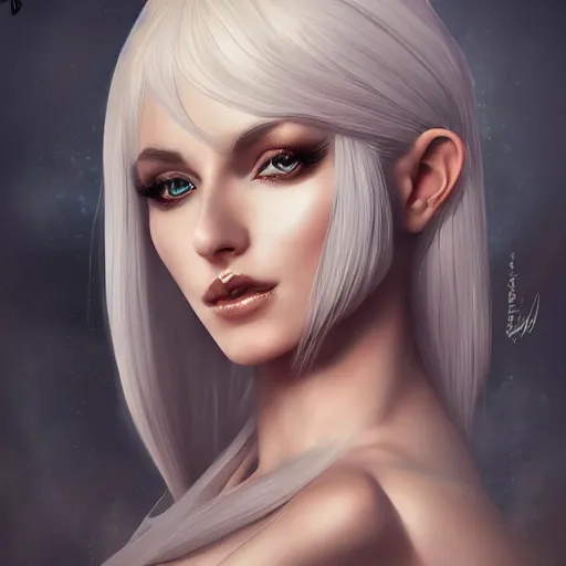 Image similar to Dark Elf, blonde hair, dark fantasy, feminine figure, gorgeous, pretty face, beautiful body, revealing outfit, high detail, realistic, cgsociety, artgerm, trending on artstation