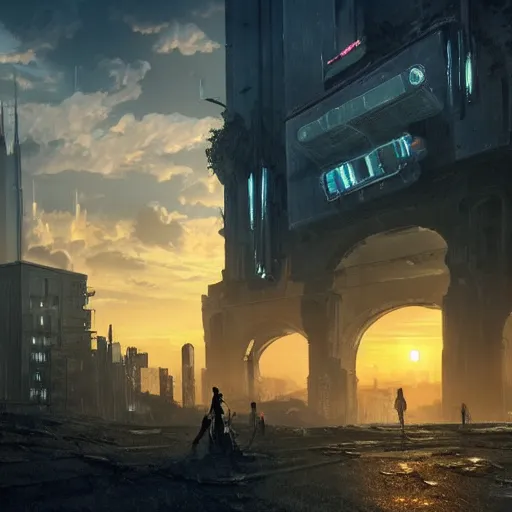 Image similar to wanderer with night vision goggles, dramatic light, sunset, sunrays, flying cars, cyberpunk city in the background, ruins, buildings, dystoptian, gorgeous view, depth, painted by Caspar David Friedrich, gateway, clouds, tending on artstation