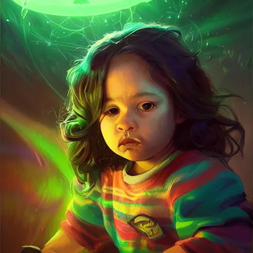 Image similar to a stylized portrait of a powerful baby with wavy brown hair and green eyes as an angry scientist, stylized, arcane magic, blue and purple vapor, neon color, vivid color, lens flare, volumetric light from below, background by justin gerard, hyperdetailed concept art by Ross Tran and Greg Rutkowski, high quality DnD illustration, trending on ArtStationHQ, 8k