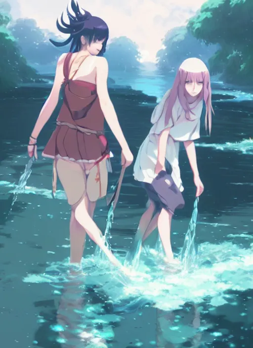 Image similar to 2 girl in fantasy clothes playing water. illustration concept art anime key visual trending pixiv fanbox by wlop and greg rutkowski and makoto shinkai and studio ghibli