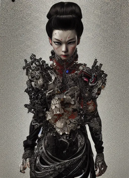 Image similar to portrait of a seductive cyborg yakuza with weapons, imari, modern fine art, fractal, in the style of ghosts in the machine, intricate ornaments, elegant, highly detailed, digital photography, subsurface scattering, by mc escher and greg rutkowski,