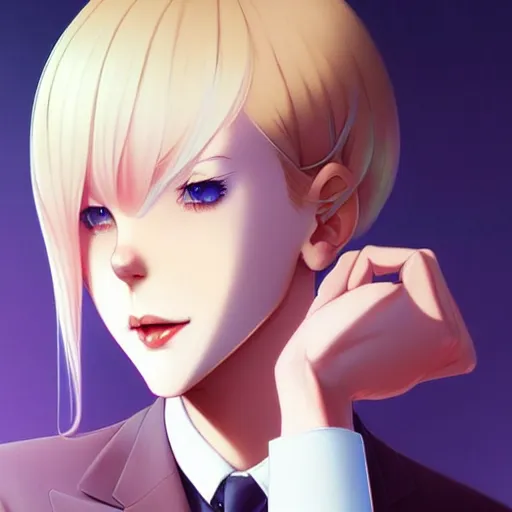 Image similar to a beautiful slim shy blonde waiter ignores you, art by ilya kuvshinov and lois van baarle and ross tran and range murata and artgerm and andy warhol, norman rockwell, digital art, highly detailed, profile picture, intricate, sharp focus, mystical trending on artstation hq, deviantart, pinterest, unreal engine 5, 4 k uhd image