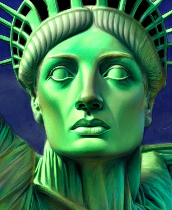 Prompt: broken statue of liberty, perfect face, symmetrical eyes, green skin, cinematic, stunning, elegant, highly detailed, psychedelic, digital painting, artstation, smooth, hard focus, illustration, art by jessica rossier and and brian froud