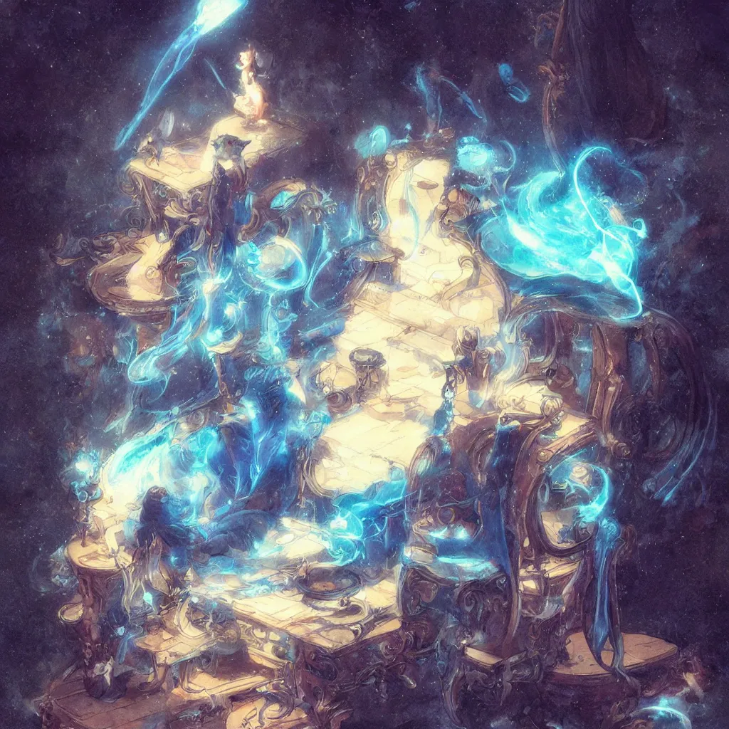 Image similar to anime cat with cloak sitting on a magical wood carved chair, super powers, glowing tiny blue lines, concept art, by greg rutkowski, overdetailed art