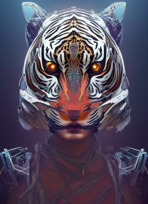 Image similar to symmetry!! portrait of a hybrid robot tiger, floral! horizon zero dawn machine, intricate, elegant, highly detailed, digital painting, artstation, concept art, smooth, sharp focus, illustration, art by artgerm and greg rutkowski and alphonse mucha, 8 k