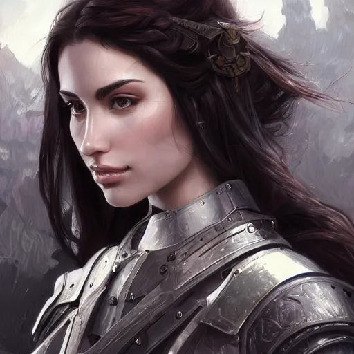 Image similar to a portrait of an attractive young woman, clothed in battle armor, olive skin, long dark hair, beautiful bone structure, symmetrical facial features, intricate, elegant, highly detailed, digital painting, trending on Artstation, concept art, smooth, sharp focus, illustration, in the style of artgerm and alphonse mucha