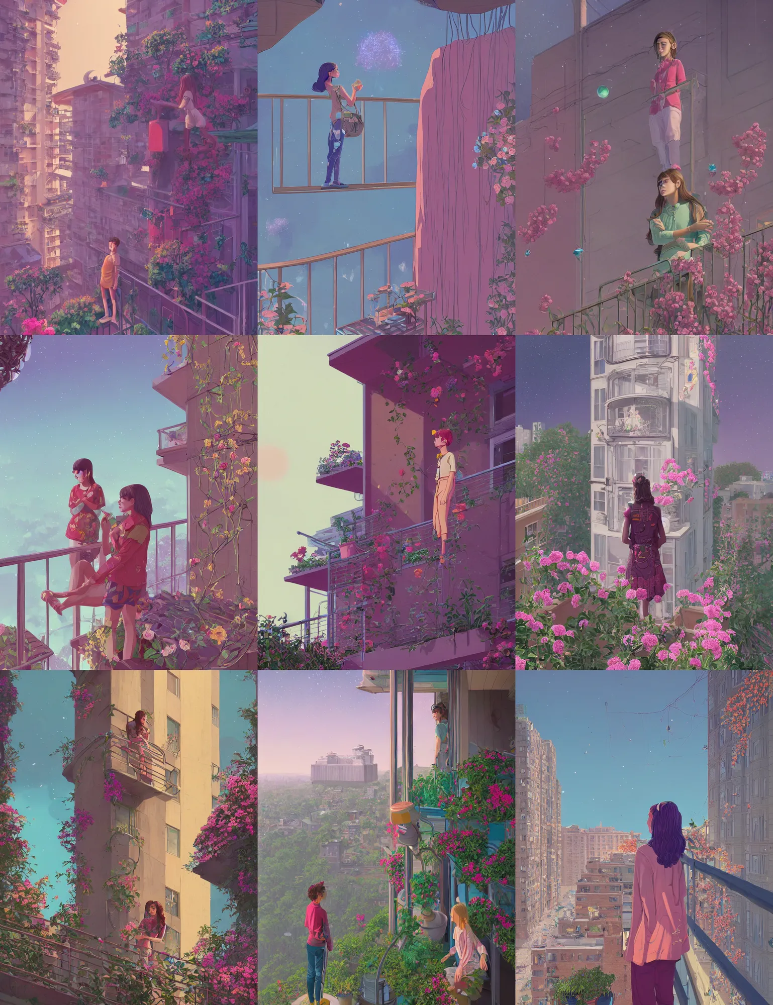 Prompt: Portrait of a Celestial seductive teen standing on a balcony, female, richly detailed color illustration of a rotocoped-animation-of-flowers-flowing illustrated, detailed face, 23rd century, cinematic lighting, digital art painting by simon stalenhag