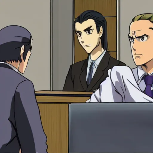 Prompt: Saul Goodman from ace Attorney in a courtroom, anime series