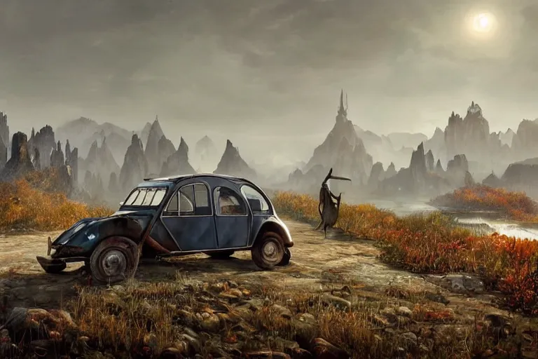 Image similar to daedric offroad citroen 2 cv ( 1 9 6 5 ) driving across the rift, daedric axe stored on the side of the car, leather and cloth traveller backpacks on roof, riften city in the background, epic fantasy, autumn, the elder scrolls v : skyrim, dramatic lighting, establishing shot, by simon stalenhag