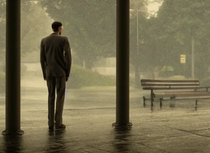 Prompt: a detailed cinematic photograph of man standing in rain by gregory crewdson, photoreal, 4 k