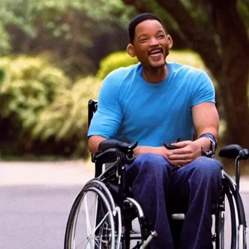 Prompt: will smith smiling in a wheelchair, movie still