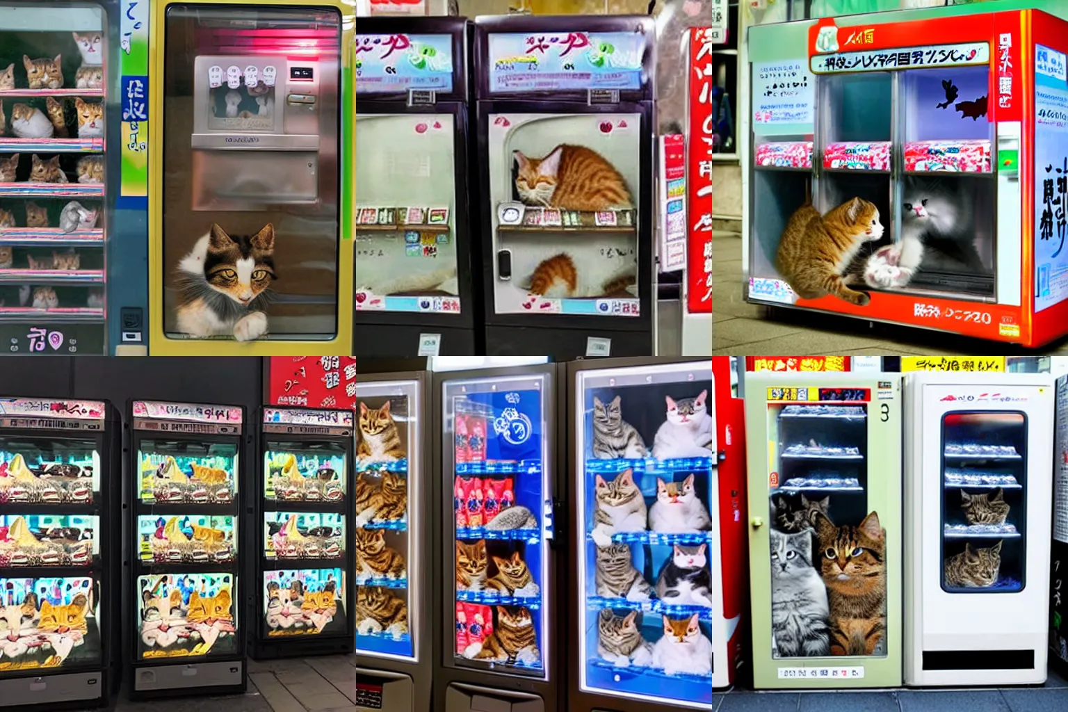 photo of a Japanese vending machine selling cats. Many Stable