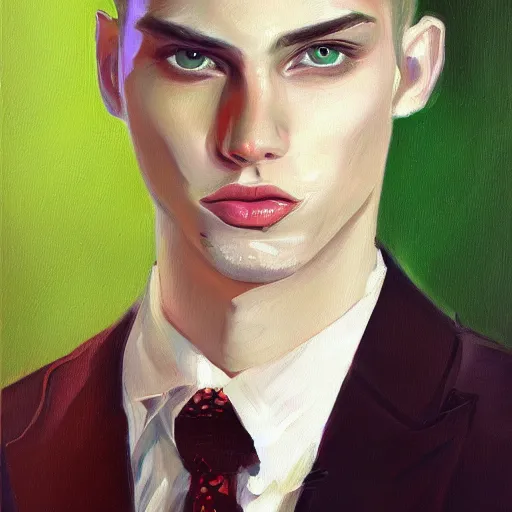 Image similar to A beautiful painting of a young man, blonde, wearing a suit, oil painting, green eyes, gloomy lighting, hyper detailed, trending on artstation