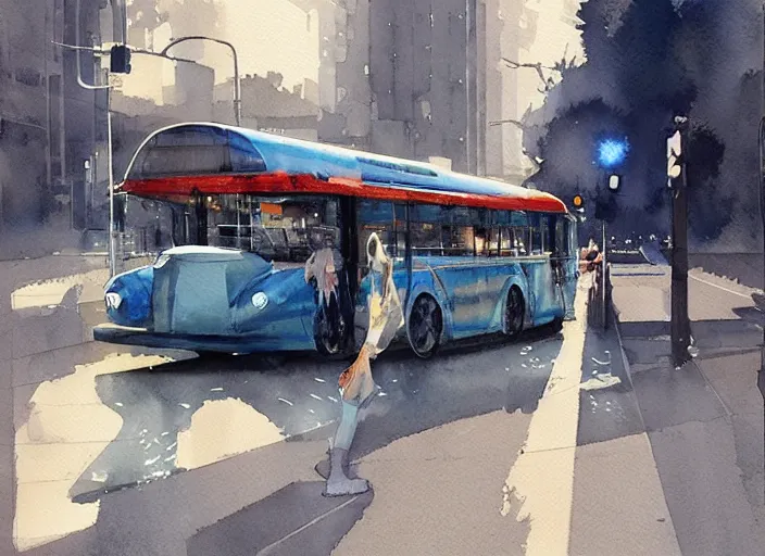 Image similar to concept art of a urban bus, pinterest, artstation trending, behance, watercolor, by coby whitmore, silver, laser light,