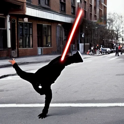 Image similar to darth vader break dancing on a street corner, brooklyn, day time, sunny, the 8 0's