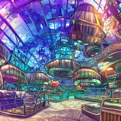 Prompt: undersea shopping center built from various sea shells, sea weed, light diffraction, steampunk, cyberpunk, warm lights, anime, vhs distortion