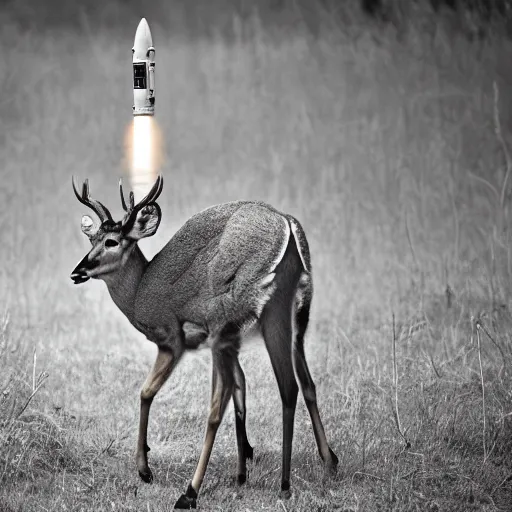 Image similar to a rocket launcher explosive deer military animal beast, huge, powerful, rocket, launcher, scary, anger, rage, canon eos c 3 0 0, ƒ 1. 8, 3 5 mm