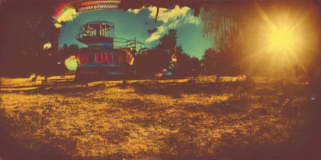 Image similar to polaroid photo of abandoned carnival terrain, vintage colors, lens flare