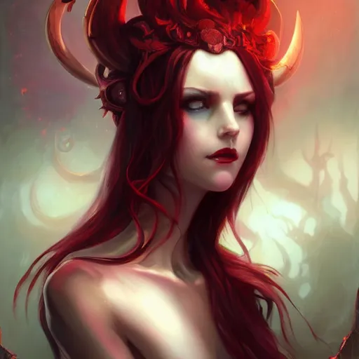 Prompt: portrait of the beautiful face of a demoness with pale skin and red eyes and long dark hair by pete mohrbacher and artgerm and wlop, digital art, highly detailed, Trending on Artstation HQ, unreal engine 5, 4K UHD image