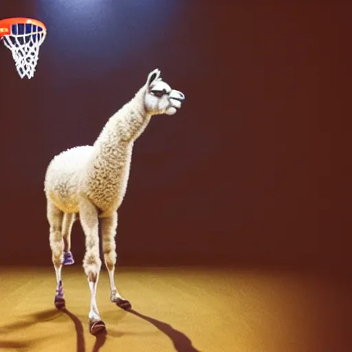 Prompt: film still of a llama in a jersey dunking a basketball like michael jordan, low angle, show from below, tilted frame, 3 5 °, dutch angle, extreme long shot, high detail, indoors, dramatic backlighting.